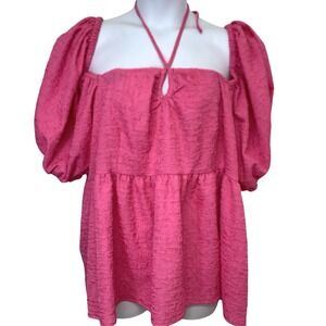 Future Collective Empire Puff Sleeve Top Woman 3X Pink Boho Stretch Square Neck